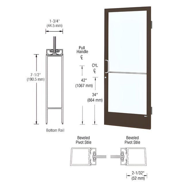 CRL-U.S. Aluminum Class I Bronze Black Anodized 250 Series Narrow Stile (RHR) HRSO Single 3'0 x 7'0 Offset Hung with Butt Hinges for Surf Mount Closer Complete Door/Std. MS Lock, 7-1/2" Std. Bottom Rail