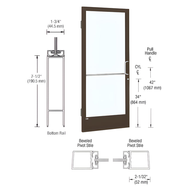 CRL-U.S. Aluminum Class I Bronze Black Anodized 250 Series Narrow Stile (LHR) HLSO Single 3'0 x 7'0 Offset Hung with Butt Hinges for Surf Mount Closer Complete Door/Std. MS Lock, 7-1/2" Std. Bottom Rail