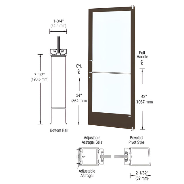 CRL-U.S. Aluminum Class I Bronze Black Anodized 250 Series Narrow Stile Active Leaf of Pair 3'0 x 7'0 Offset Hung with Pivots for Surf Mount Closer Complete Door/Std. MS Lock, 7-1/2" Standard Bottom Rail