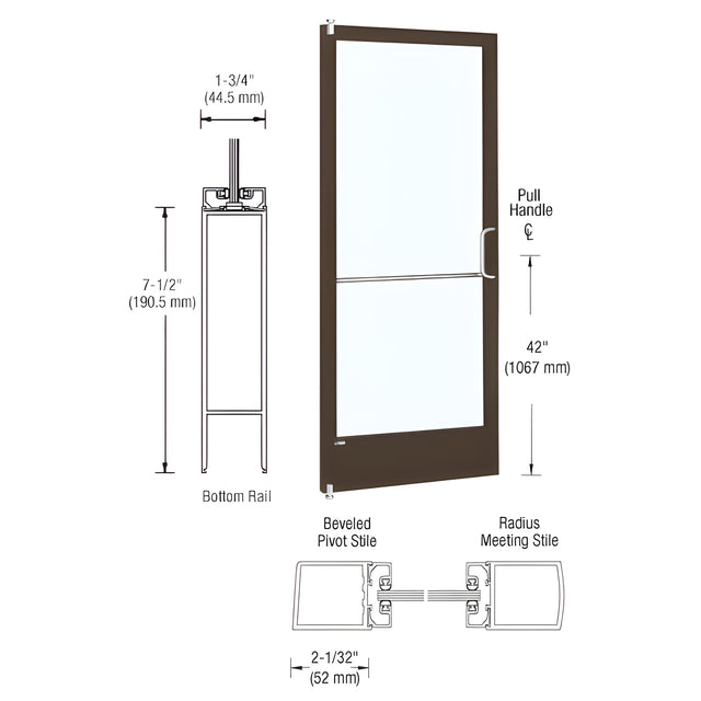 CRL-U.S. Aluminum Class I Bronze Black Anodized 250 Series Narrow Stile Inactive Leaf of Pair 3'0 x 7'0 Offset Hung with Pivots for Surf Mount Closer Complete Door/Std. MS Lock, 7-1/2" Standard Bottom Rail