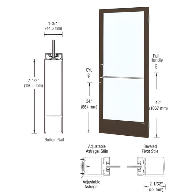 CRL-U.S. Aluminum Class I Bronze Black Anodized 250 Series Narrow Stile Active Leaf of Pair 3'0 x 7'0 Offset Hung with Butt Hinges for Surf Mount Closer Complete Door / Std. MS Lock, 7-1/2" Std. Bottom Rail