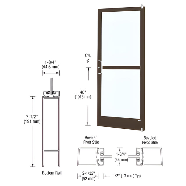 CRL-U.S. Aluminum Class I Bronze Black Anodized 250 Series Narrow Stile (RHR) HRSO Single 3'0 x 7'0 Offset Hung with Pivots for Surf Mount Closer Complete Panic Door w/Std. Panic & 7-1/2" Bottom Rail