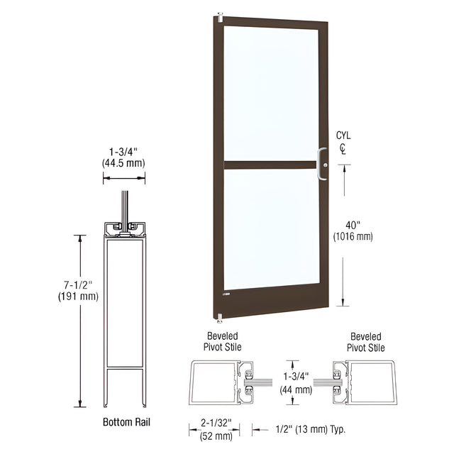 CRL-U.S. Aluminum Class I Bronze Black Anodized 250 Series Narrow Stile (LHR) HLSO Single 3'0 x 7'0 Offset Hung with Pivots for Surf Mount Closer Complete Panic Door w/Std. Panic & 7-1/2" Bottom Rail