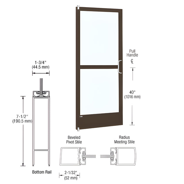 CRL-U.S. Aluminum Class I Bronze Black Anodized 250 Series Narrow Stile Inactive Leaf of Pair 3'0 x 7'0 Offset Hung with Pivots for Surf Mount Closer Complete Panic Door with Std. Panic and 7-1/2" Bottom Rail