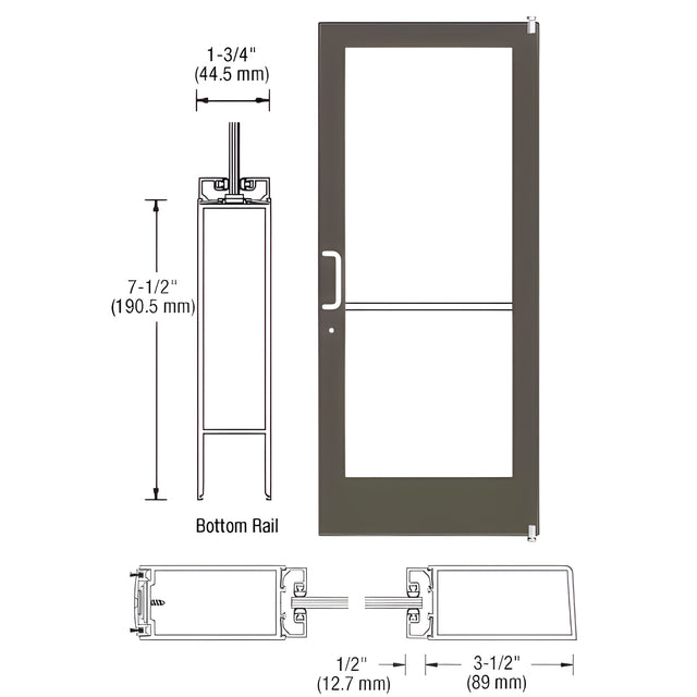 CRL-U.S. Aluminum Class I Bronze Black Anodized 400 Series Medium Stile Active Leaf of Pair 3'0 x 7'0 Offset Hung with Pivots for Surf Mount Closer Complete Door/Std. MS Lock, 7-1/2" Std. Bottom Rai