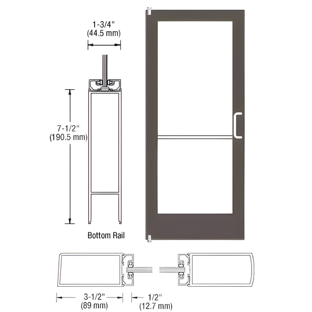 CRL-U.S. Aluminum Class I Bronze Black Anodized 400 Series Medium Stile Inactive Leaf of Pair 3'0 x 7'0 Offset Hung with Pivots for Surf Mount Closer Complete Door/Std. MS Lock, 7-1/2" Std. Bottom Rail
