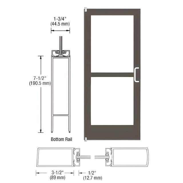 CRL-U.S. Aluminum Class I Bronze Black Anodized 400 Series Medium Stile Inactive Leaf of Pair 3'0 x 7'0 Offset Hung with Pivots for Surf Mount Closer Complete Panic Door with Std. Panic and 7-1/2" Bottom Rail
