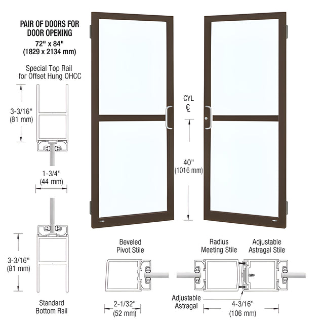 CRL-U.S. Aluminum Class I Bronze Black Anodized Custom Pair 72" x 84" Series 250 Narrow Stile Butt Hinge Entrance Door For Panic and OHCC
