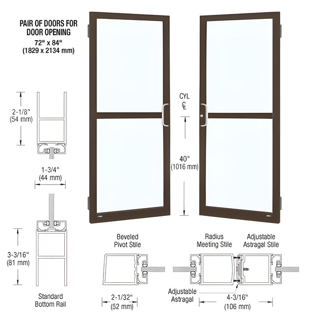 CRL-U.S. Aluminum Class I Bronze Black Anodized Custom Pair Series 250 Narrow Stile Butt Hinge Entrance Doors for Panics and Surface Mount Door Closers
