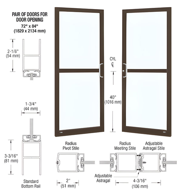 CRL-U.S. Aluminum Class I Bronze Black Anodized Custom Pair Series 250 Narrow Stile Center Pivot Entrance Doors for Panics and Overhead Concealed Door Closers