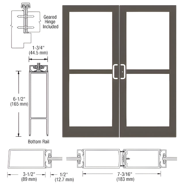 CRL-U.S. Aluminum Class I Bronze Black Anodized Custom Pair Series 400 Medium Stile Offset Hung Geared Hinge Entrance Doors for Panics and Surface Mount Door Closers