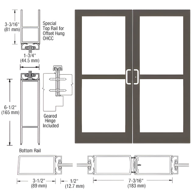 CRL-U.S. Aluminum Class I Bronze Black Anodized Custom Pair Series 400 Medium Stile Offset Hung Geared Hinge Entrance Doors For Panics and Overhead Concealed Door Closers