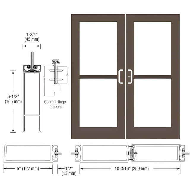 CRL-U.S. Aluminum Class I Bronze Black Anodized Custom Pair Series 550 Wide Stile Geared Hinge Entrance Doors For Panics and Surface Mount Door Closers
