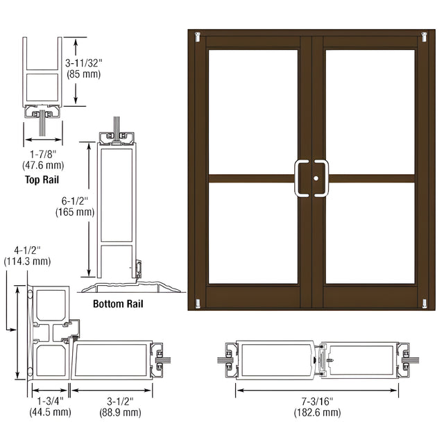 CRL-U.S. Aluminum Class I Bronze Black Anodized Custom Pair Series 800 Durafront Medium Stile Offset Pivot Entrance Doors For Panics and Surface Mount Door Closers