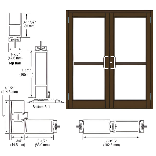 CRL-U.S. Aluminum Class I Bronze Black Anodized Custom Pair Series 800 Durafront Medium Stile Butt Hinge Entrance Doors For Panics and Surface Mount Door Closers