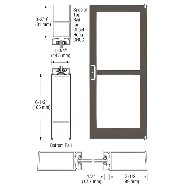 CRL-U.S. Aluminum Class I Bronze Black Anodized Custom Single Series 400 Medium Stile Offset Pivot Entrance Door For Panic and Overhead Concealed Door Closer