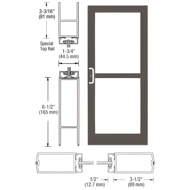 CRL-U.S. Aluminum Class I Bronze Black Anodized Custom Single Series 400 Medium Stile Center Pivot Entrance Door For Panic and Overhead Concealed Door Closer