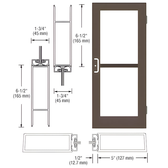 CRL-U.S. Aluminum Class I Bronze Black Anodized Custom Single Series 550 Wide Stile Butt Hinged Entrance Door For Panic and Overhead Concealed Door Closer