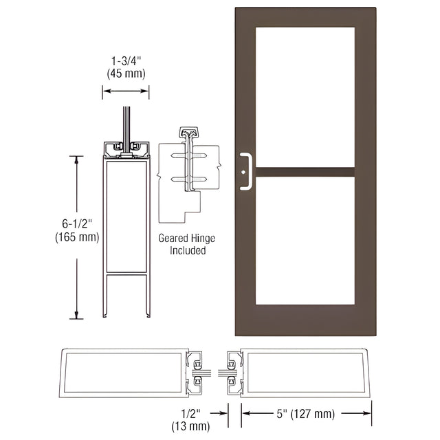 CRL-U.S. Aluminum Class I Bronze Black Anodized Custom Single Series 550 Wide Stile Geared Hinge Entrance Door For Panic and Surface Mount Door Closer