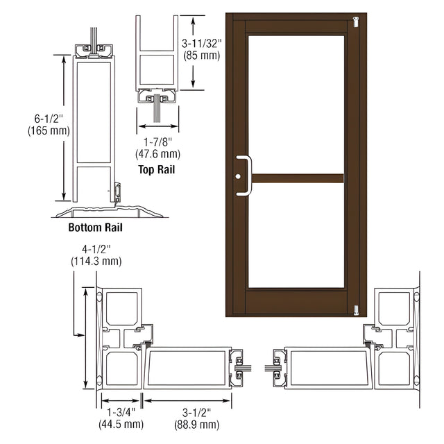 CRL-U.S. Aluminum Class I Bronze Black Anodized Custom Single Series 800 Durafront Medium Stile Offset Pivot Entrance Door For Panic and Surface Mount Door Closer