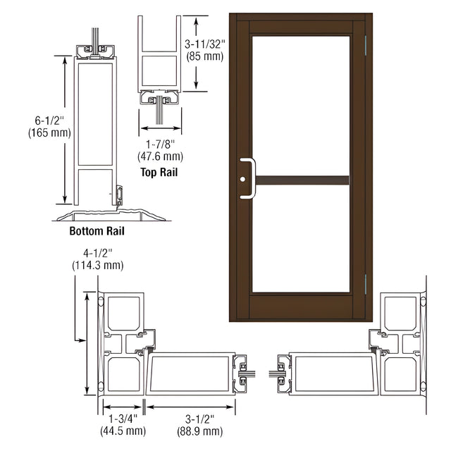 CRL-U.S. Aluminum Class I Bronze Black Anodized Custom Single Series 800 Durafront Medium Stile Butt Hinge Entrance Door for Panic and Surface Mount Door Closer