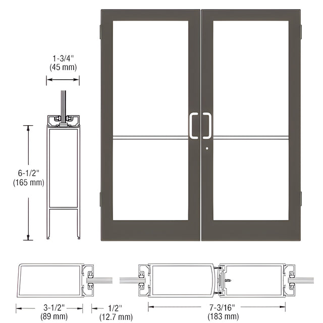 CRL-U.S. Aluminum Class I Bronze Black Anodized Custom Size Pair Series 400 Medium Stile Butt Hinge Showroom Door for Surface Mount Door Closers