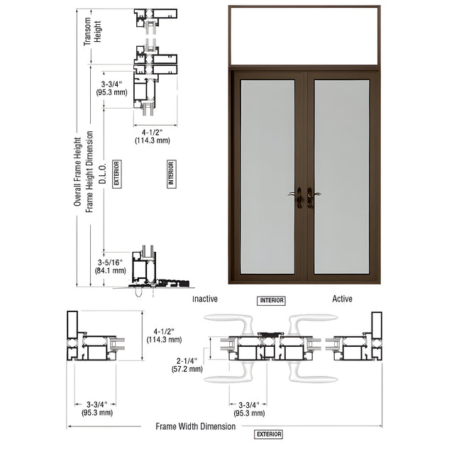 CRL-U.S. Aluminum Class I Bronze Black Anodized Series 925 Transom Patio Door Pair Swing Out