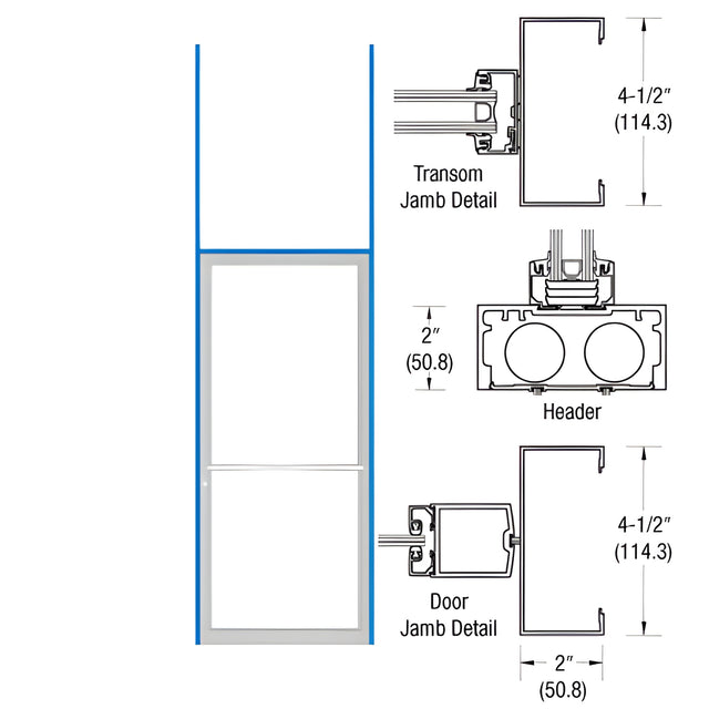 CRL-U.S. Aluminum Clear Anodized 2" x 4-1/2" Open Back H-Frame for Single Door Prepped for Center Hung Overhead Concealed Closer Using Standard Hookbolt
