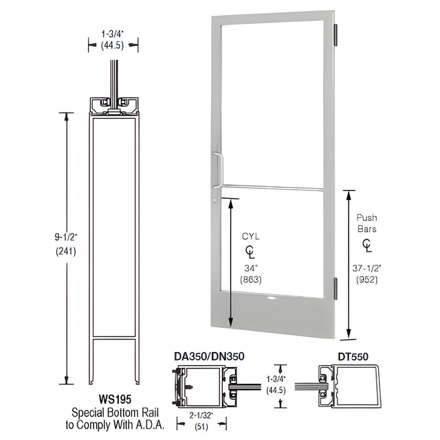 CRL-U.S. Aluminum Clear Anodized 250 Series Narrow Stile Active Leaf of Pair 3'0 x 7'0 Offset Hung with Butt Hinges for Surface Mount Closer Complete ADA Door with Lock Indicator, Cylinder Guard - for 1" Glazing
