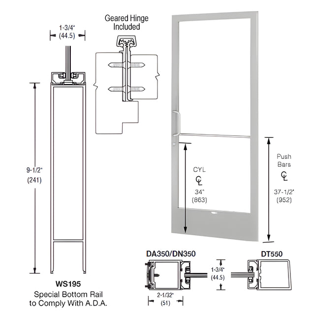 CRL-U.S. Aluminum Clear Anodized 250 Series Narrow Stile Active Leaf of Pair 3'0 x 7'0 Offset Hung with Geared Hinged Complete ADA Door with Lock Indicator, Cylinder Guard - for 1" Glazing