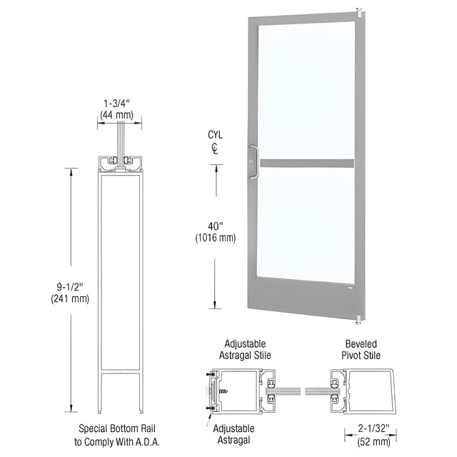 CRL-U.S. Aluminum Clear Anodized 250 Series Narrow Stile Active Leaf of Pair 3'0 x 7'0 Offset Hung with Pivots for Surface Mount Closer Complete Panic Door for 1" Glass with Standard Panic and 9-1/2" Bottom Rail