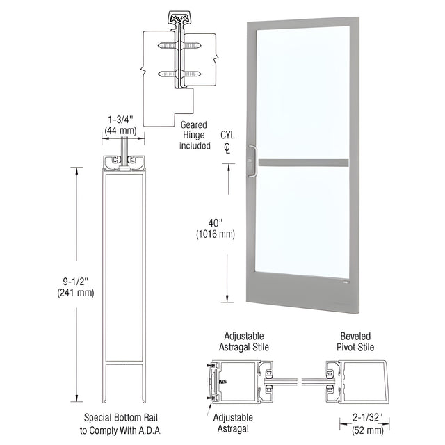 CRL-U.S. Aluminum Clear Anodized 250 Series Narrow Stile Active Leaf of Pair 3'0 x 7'0 Offset Hung with Geared Hinged Complete Panic Door for 1" Glass with Standard Panic and 9-1/2" Bottom Rail
