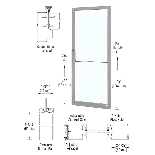 CRL-U.S. Aluminum Clear Anodized 250 Series Narrow Stile Active Leaf of Pair 3'0 x 7'0 Offset Hung with Geared Hinged Complete Door for 1" Glass with Standard MS Lock and Bottom Rail