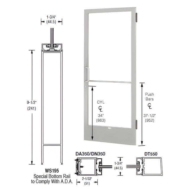 CRL-U.S. Aluminum Clear Anodized 250 Series Narrow Stile Active Leaf of Pair 3'0 x 7'0 Offset Hung with Butt Hinges for Surf Mount Closer Complete Door for 1" Glass with Standard MS Lock and Bottom Rail