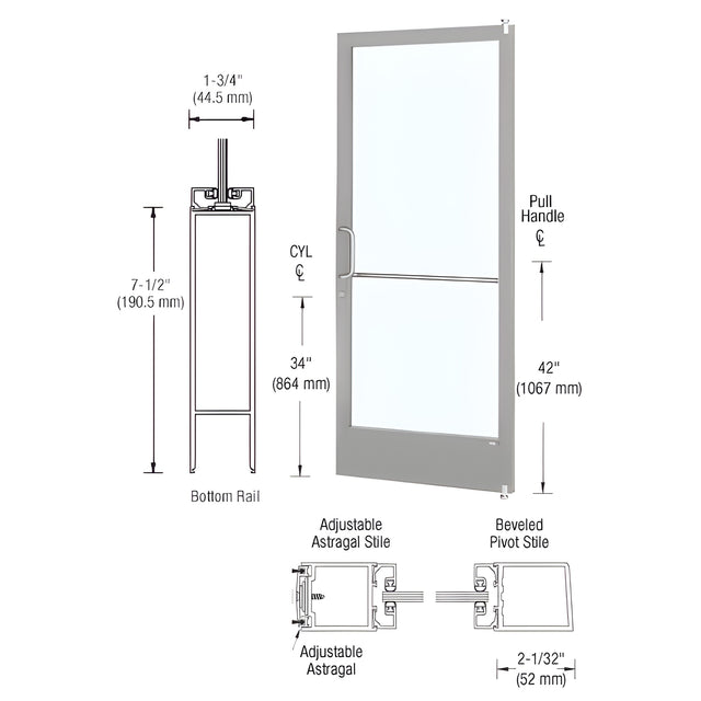 CRL-U.S. Aluminum Clear Anodized 250 Series Narrow Stile Active Leaf of Pair 3'0 x 7'0 Offset Hung with Pivots for Surf Mount Closer Complete Door for 1" Glass with Standard MS Lock, 7-1/2" Standard Bottom Rail
