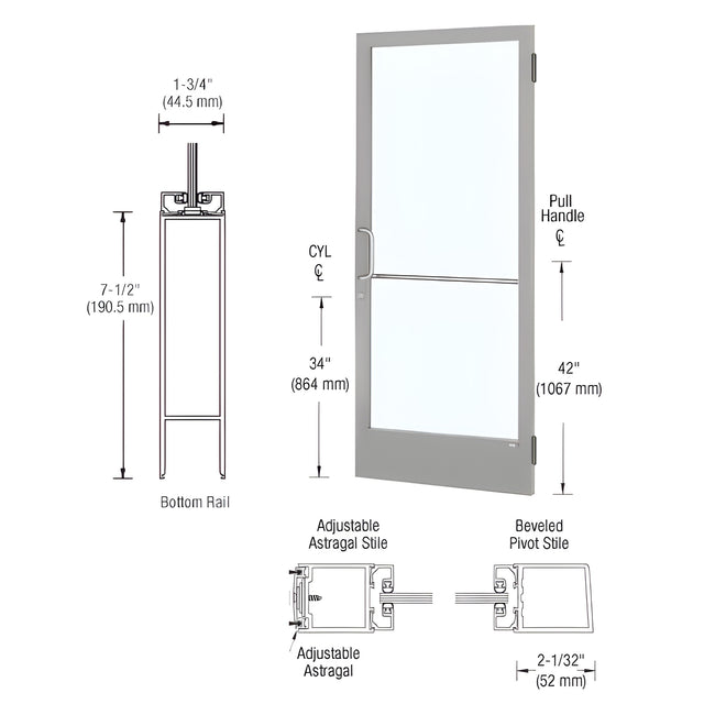 CRL-U.S. Aluminum Clear Anodized 250 Series Narrow Stile Active Leaf of Pair 3'0 x 7'0 Offset Hung with Butt Hinges for Surf Mount Closer Complete Door for 1" Glass with Standard MS Lock, 7-1/2" Standard Bottom Rail