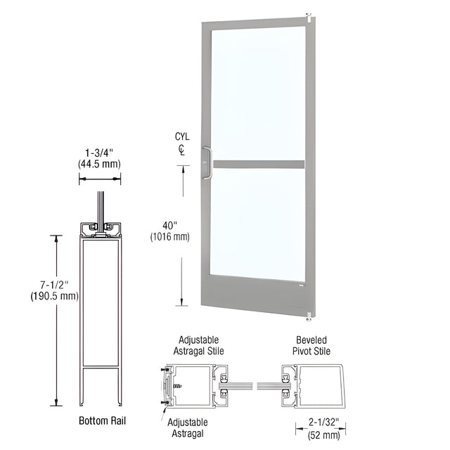 CRL-U.S. Aluminum Clear Anodized 250 Series Narrow Stile Active Leaf of Pair 3'0 x 7'0 Offset Hung with Pivots for Surf Mount Closer Complete Panic Door for 1" Glass with Standard Panic and 7-1/2" Bottom Rail