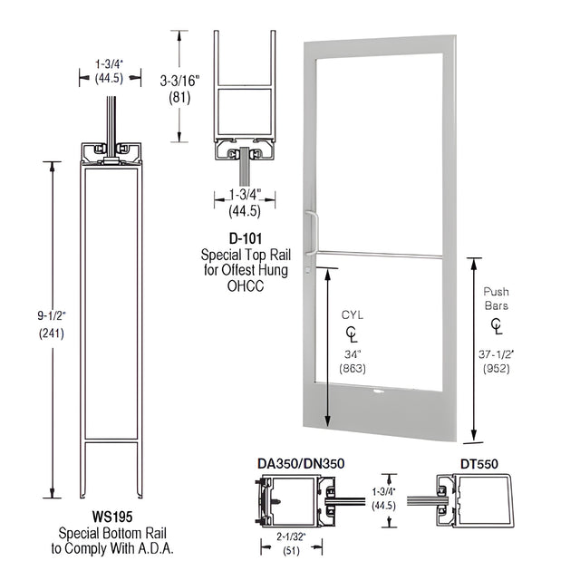 CRL-U.S. Aluminum Clear Anodized 250 Series Narrow Stile Active Leaf of Pair Offset Hung with Offset Pivots for OHCC 105º Closer Complete ADA Door(s) with Lock Indicator, Cyl Guard