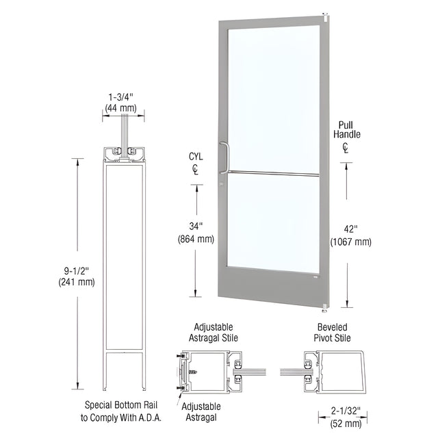CRL-U.S. Aluminum Clear Anodized 250 Series Narrow Stile Active Leaf of Pair 3'0 x 7'0 Offset Hung with Pivots for Surface Mount Closer Complete ADA Door with Lock Indicator, Cylinder Guard - for 1/4" Glazing