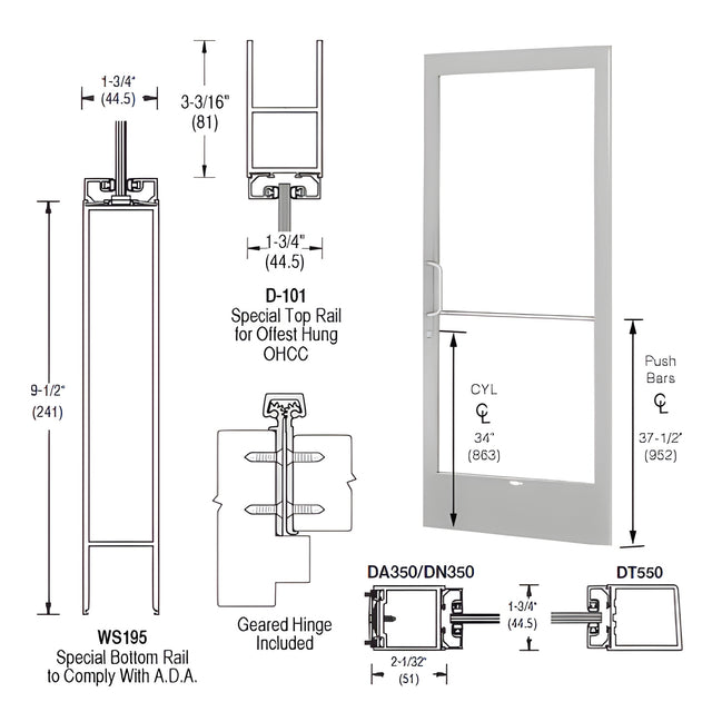 CRL-U.S. Aluminum Clear Anodized 250 Series Narrow Stile Active Leaf of Pair Offset Hung with Geared Hinged for OHCC 105º Closer Complete ADA Door(s) with Lock Indicator, Cyl Guard