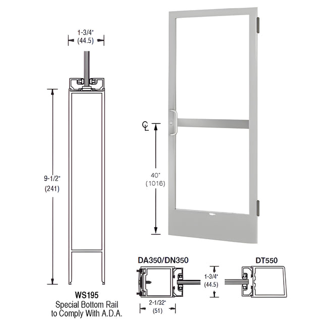 CRL-U.S. Aluminum Clear Anodized 250 Series Narrow Stile Active Leaf of Pair 3'0 x 7'0 Offset Hung with Butt Hinges for Surface Mount Closer Complete Panic Door with Standard Panic and 9-1/2" Bottom Rail