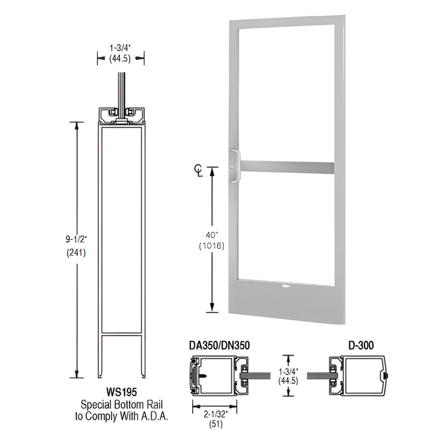 CRL-U.S. Aluminum Clear Anodized 250 Series Narrow Stile Active Leaf of Pair 3'0 x 7'0 Center Hung for OHCC with Standard Push Bars Complete Panic Door with Standard Panic and 9-1/2" Bottom Rail