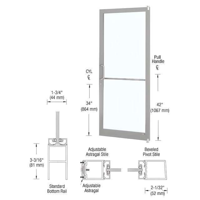CRL-U.S. Aluminum Clear Anodized 250 Series Narrow Stile Active Leaf of Pair 3'0 x 7'0 Offset Hung with Pivots for Surf Mount Closer Complete Door Std. MS Lock & Bottom Rail