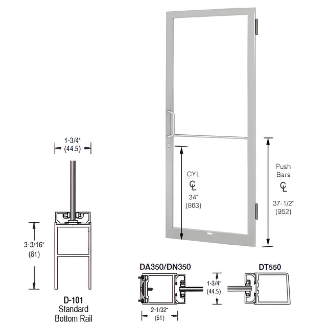 CRL-U.S. Aluminum Clear Anodized 250 Series Narrow Stile Active Leaf of Pair 3'0 x 7'0 Offset Hung with Butt Hinges for Surf Mount Closer Complete Door Std. MS Lock & Bottom Rail