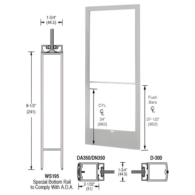 CRL-U.S. Aluminum Clear Anodized 250 Series Narrow Stile Active Leaf of Pair 3'0 x 7'0 Center Hung for OHCC w/Standard Push Bars Complete Door Std. Lock & 9-1/2" Bottom Rail