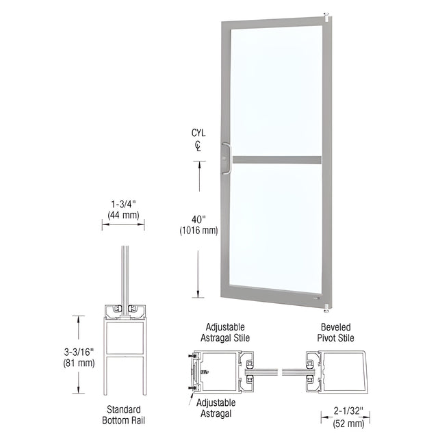 CRL-U.S. Aluminum Clear Anodized 250 Series Narrow Stile Active Leaf of Pair 3'0 x 7'0 Offset Hung with Pivots for Surf Mount Closer Complete Panic Door with Std. Panic and Bottom Rail