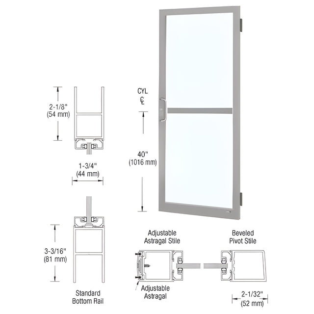 CRL-U.S. Aluminum Clear Anodized 250 Series Narrow Stile Active Leaf of Pair 3'0 x 7'0 Offset Hung with Butt Hinges for Surf Mount Closer Complete Panic Door with Std. Panic and Bottom Rail