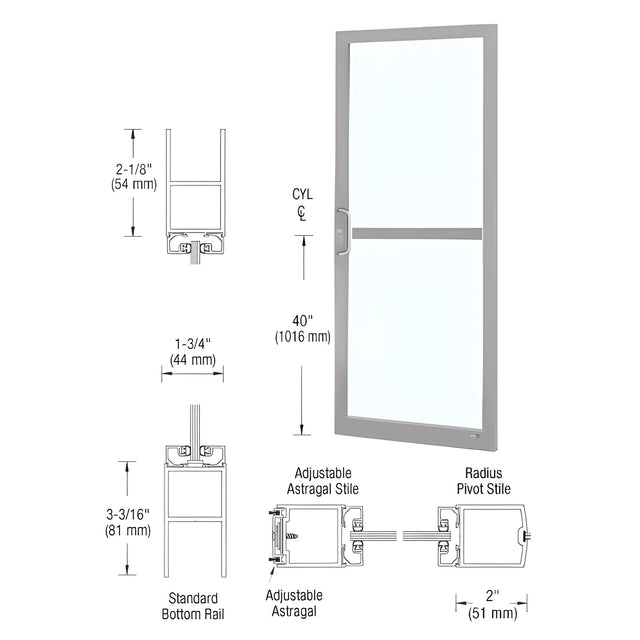 CRL-U.S. Aluminum Clear Anodized 250 Series Narrow Stile Active Leaf of Pair 3'0 x 7'0 Center Hung for OHCC w/Standard Push Bars Complete Panic Door with Std. Panic and Bottom Rail