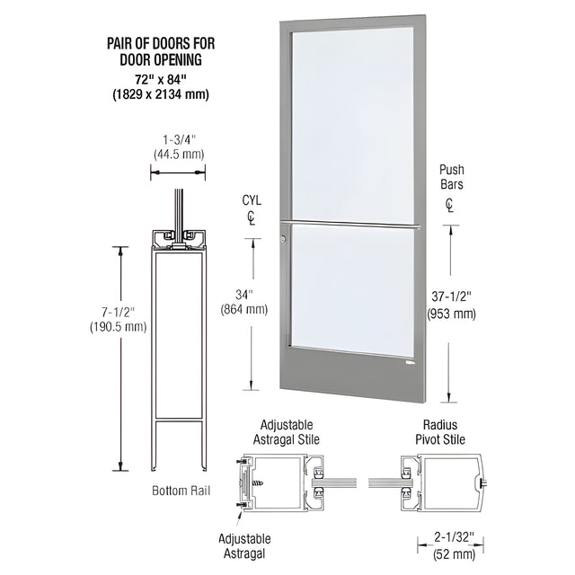 CRL-U.S. Aluminum Clear Anodized 250 Series Narrow Stile Active Leaf of Pair 3'0 x 7'0 Center Hung for OHCC w/Standard Push Bars Complete Door / Std. MS Lock, 7-1/2" Std. Bottom Rail