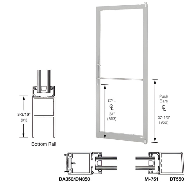 CRL-U.S. Aluminum Clear Anodized 250 Series Narrow Stile Active Leaf of Pair 3'0 x 7'0 Offset Hung with Pivots for Surf Mount Closer Complete Door Std. MS Lock and Std. Bottom Rail